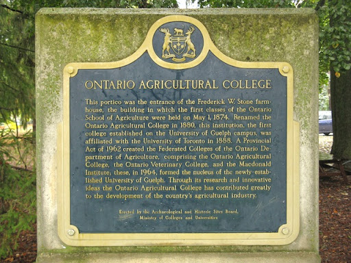 This portico was the entrance of the Frederick W. Stone farm house, the building in which the first classes of the Ontario School of Agriculture were held on May 1, 1874. Renamed the Ontario...