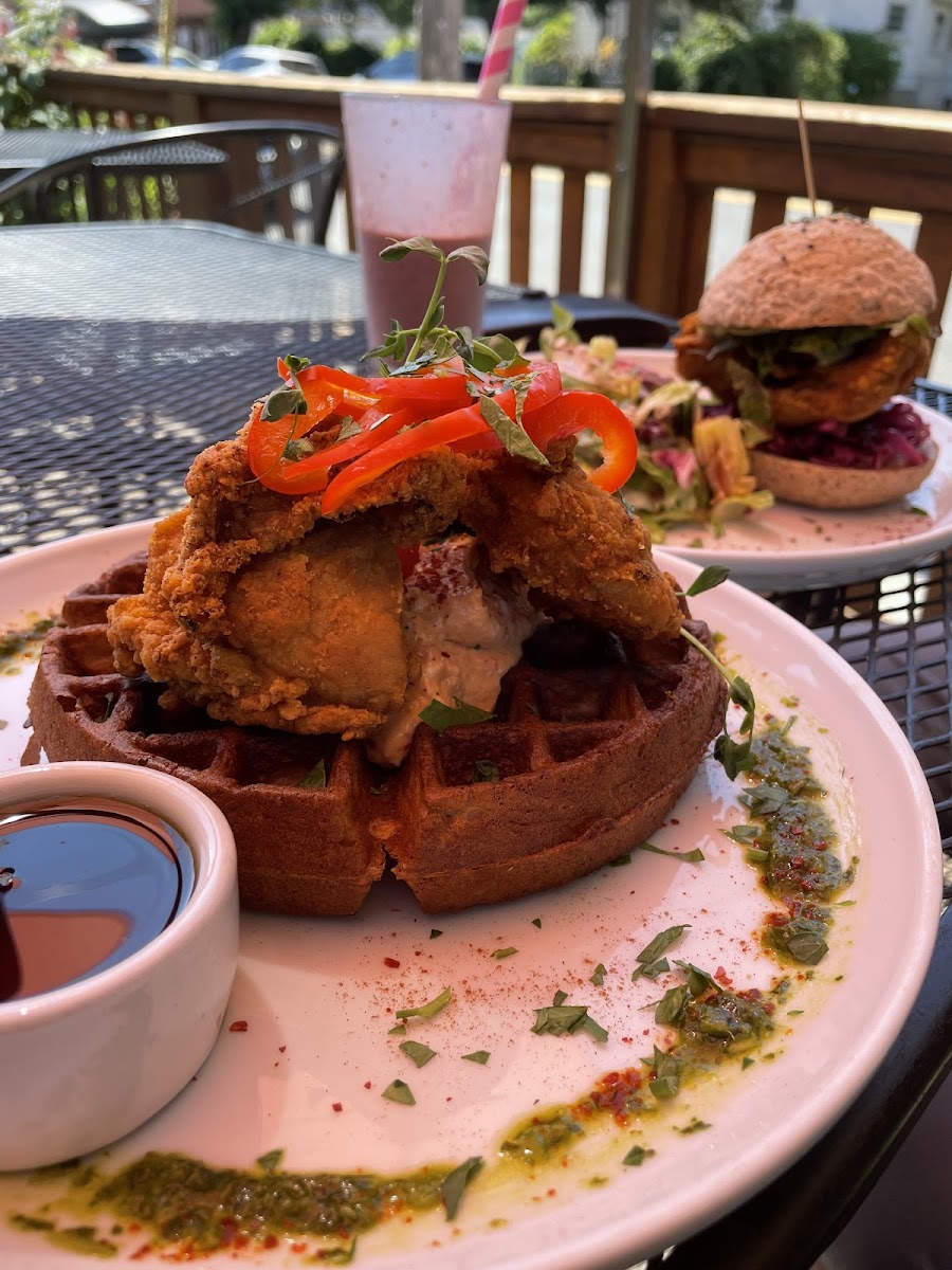 Chicken and Waffles in the front. Fried Chicken Sandwich in the back.