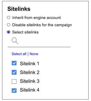 Manage sitelink options for a campaign. Select sitelinks options is selected. In the list of sitelinks, three out of four sitelinks are selected.