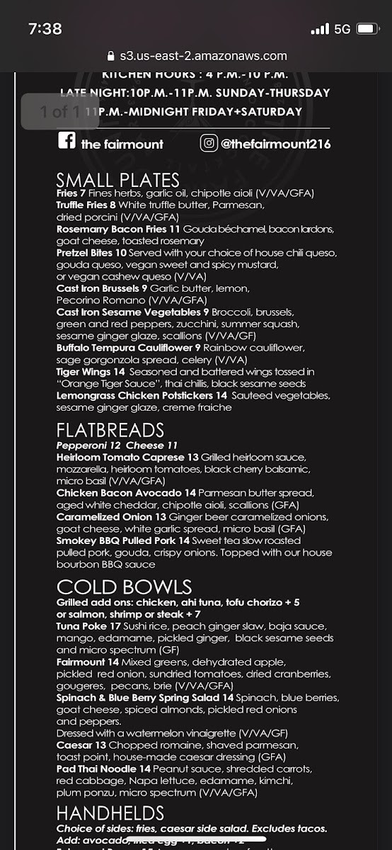The Fairmount Cocktail Bar gluten-free menu