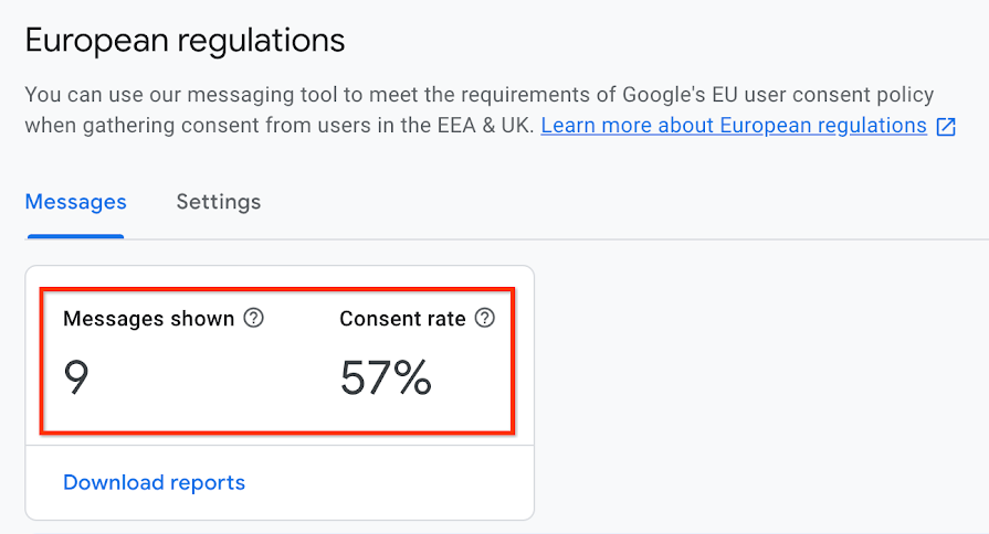 The Privacy & messaging user interface displaying a list of metrics related to messages.