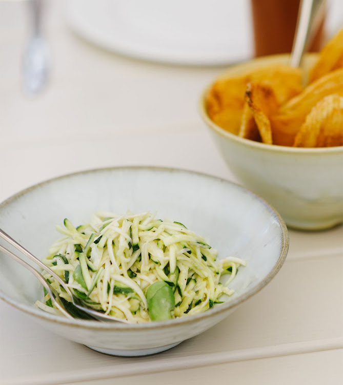 Celeriac, courgette broad bean salad.