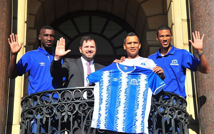 Siyanda Xulu, Councillor Stuart Diamond (Mayoral Committee Member for Assets and Facilities Management) Fadlu Davids (Head Coach) and Bevan Fransman during the Maritzburg United Media Conference at City Hall on May 14, 2018 in Cape Town, South Africa.