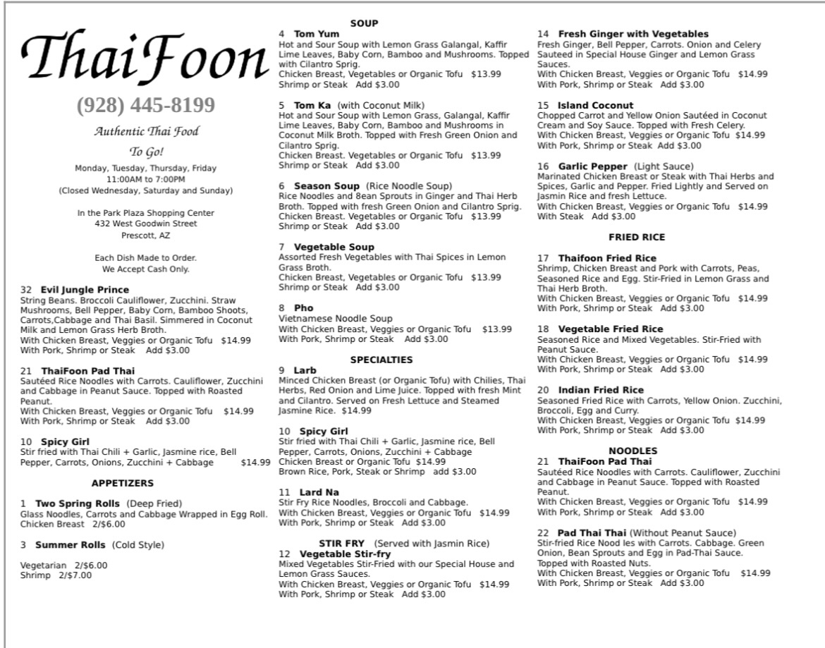 Thai Foon Menu