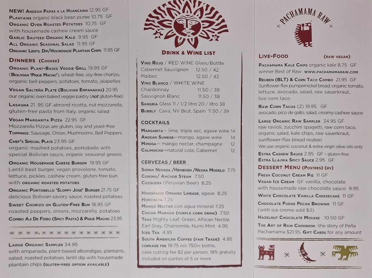 Peña Pachamama gluten-free menu