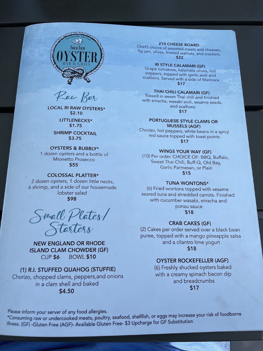 TwoTen Oyster Bar and Grill gluten-free menu