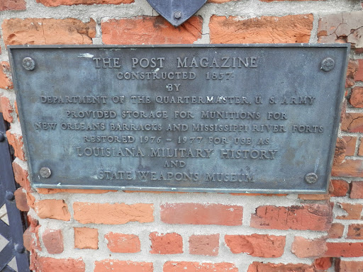 Constructed 1837byDepartment of Quartermaster, U.S. ArmyProvided storage for munitiona for New Orleans Barracks and Mississippi River forts.Restored 1975-1977 for use asLouisiana Military History...