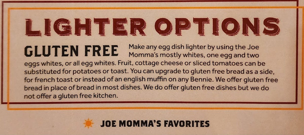 Joe Momma's Breakfast Eatery gluten-free menu