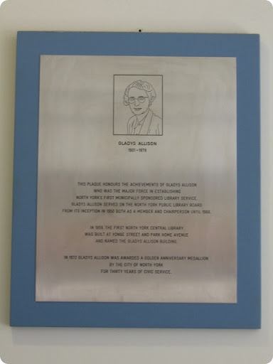 This plaque honours the achievements of Gladys Allison who was the major force in establishing North York's first municipally sponsored library service. Gladys Allison served on the North York...