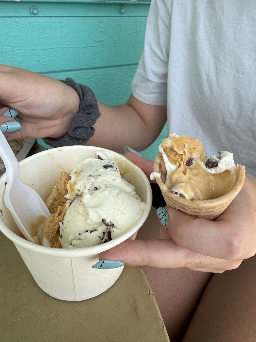 Salted caramel and mint chip w/GF cone