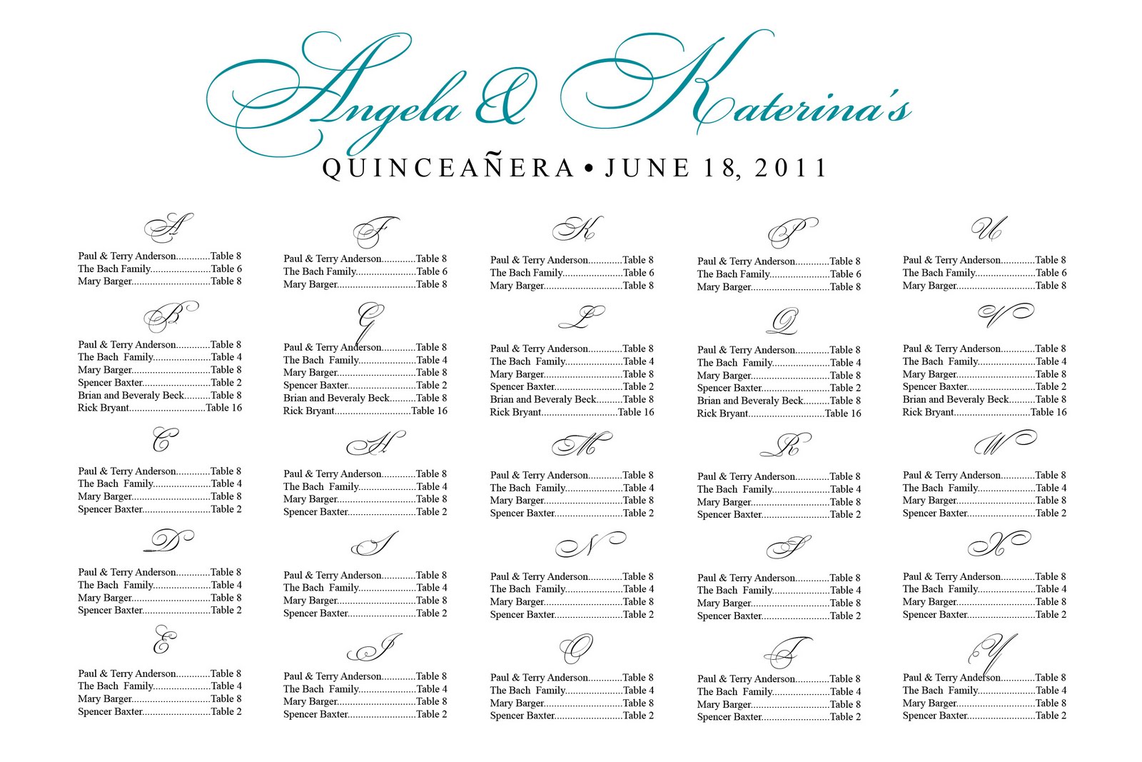 Wedding Seating Chart List Template