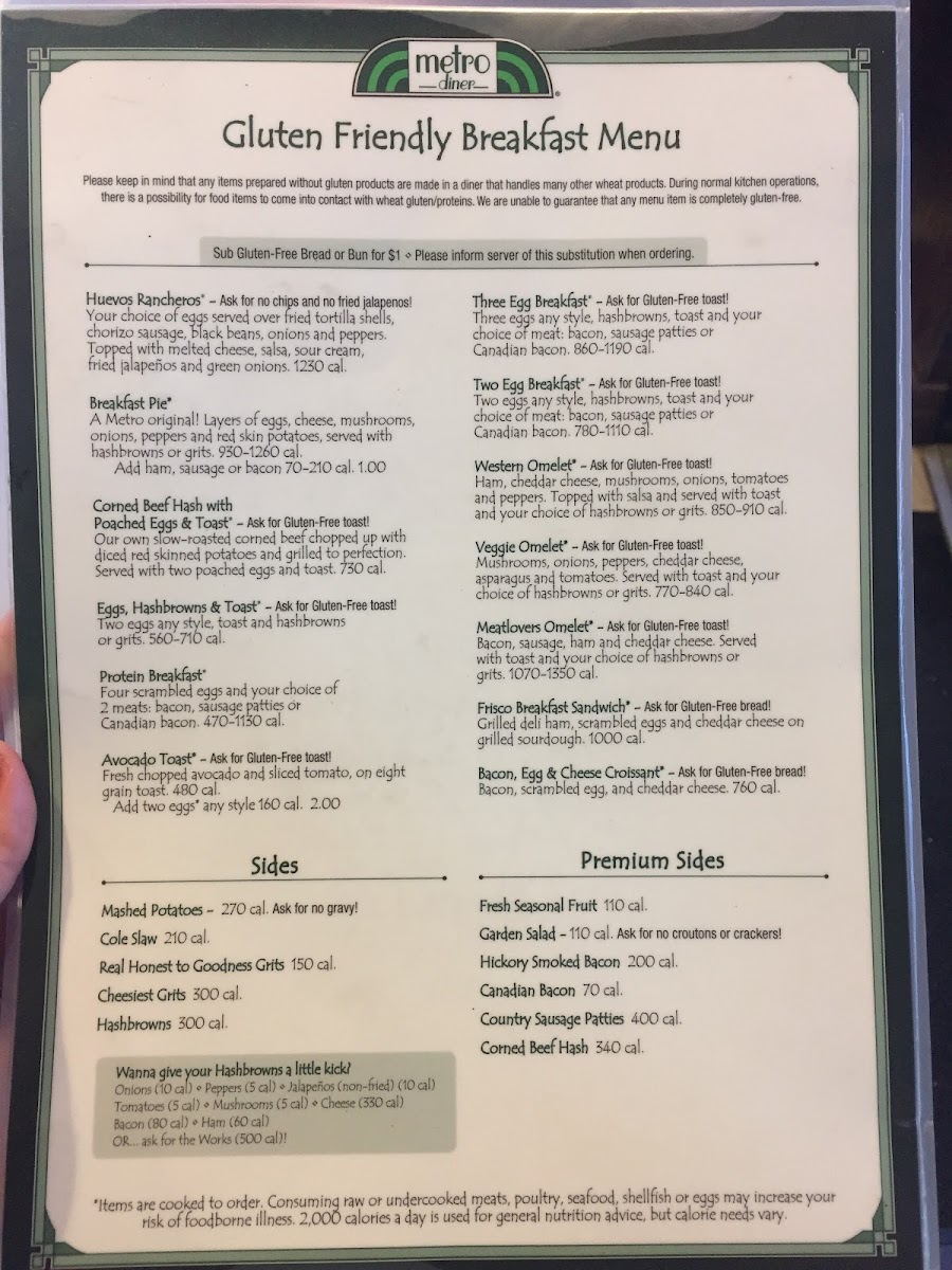 Metro Diner gluten-free menu