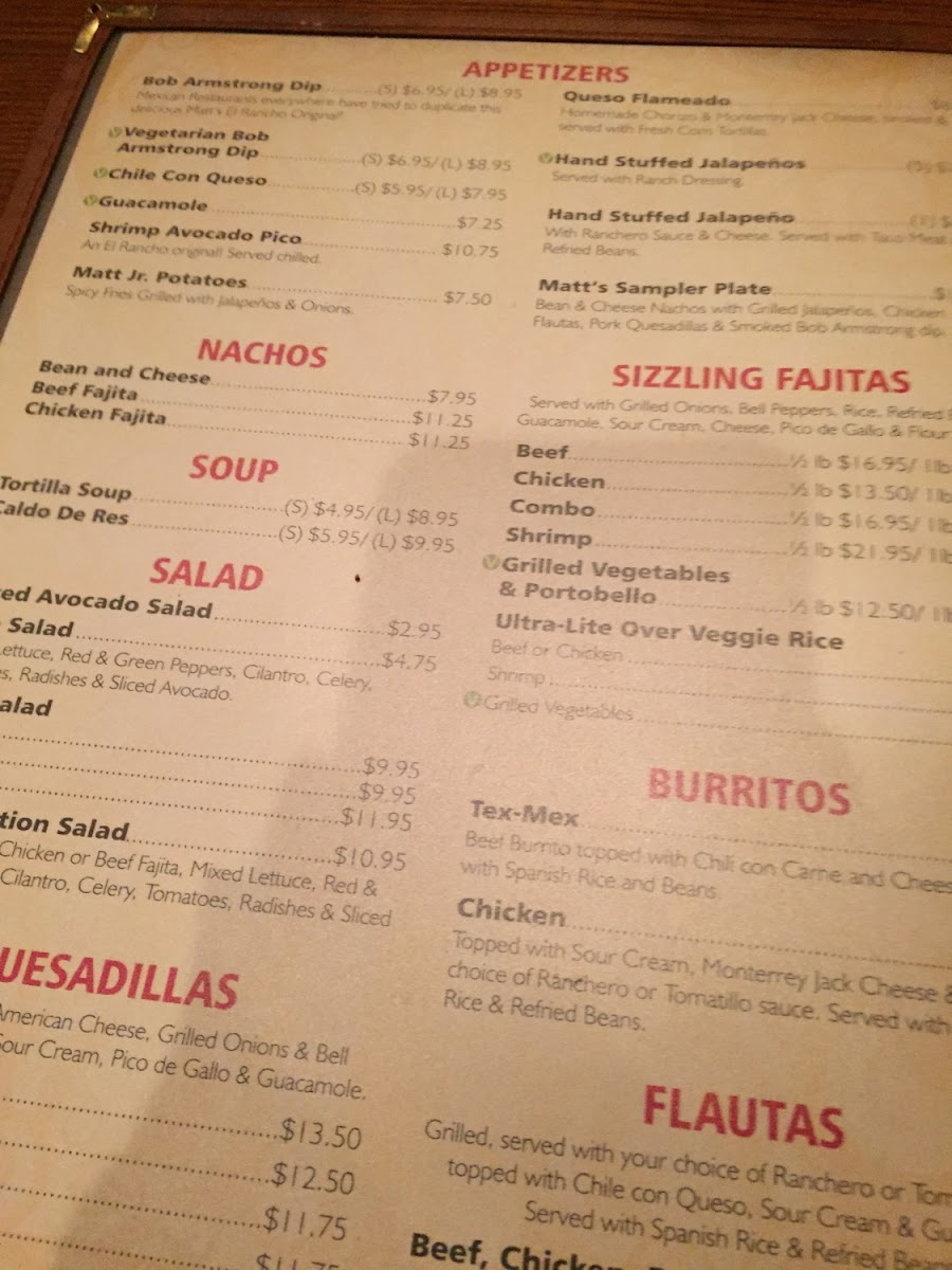 Matt's El Rancho gluten-free menu