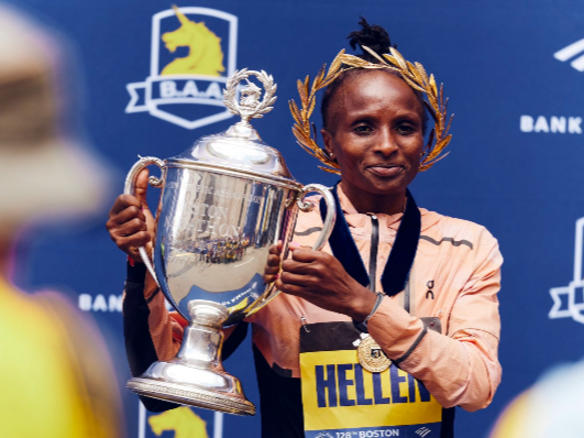 Hellen Obiri defends her Boston Marathon title on April 15, 2023.
