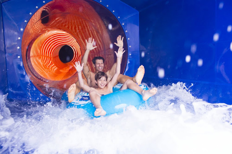 The Aqua Racer slide is a tandem water slide that lets competitors race side-by-side on tubes.