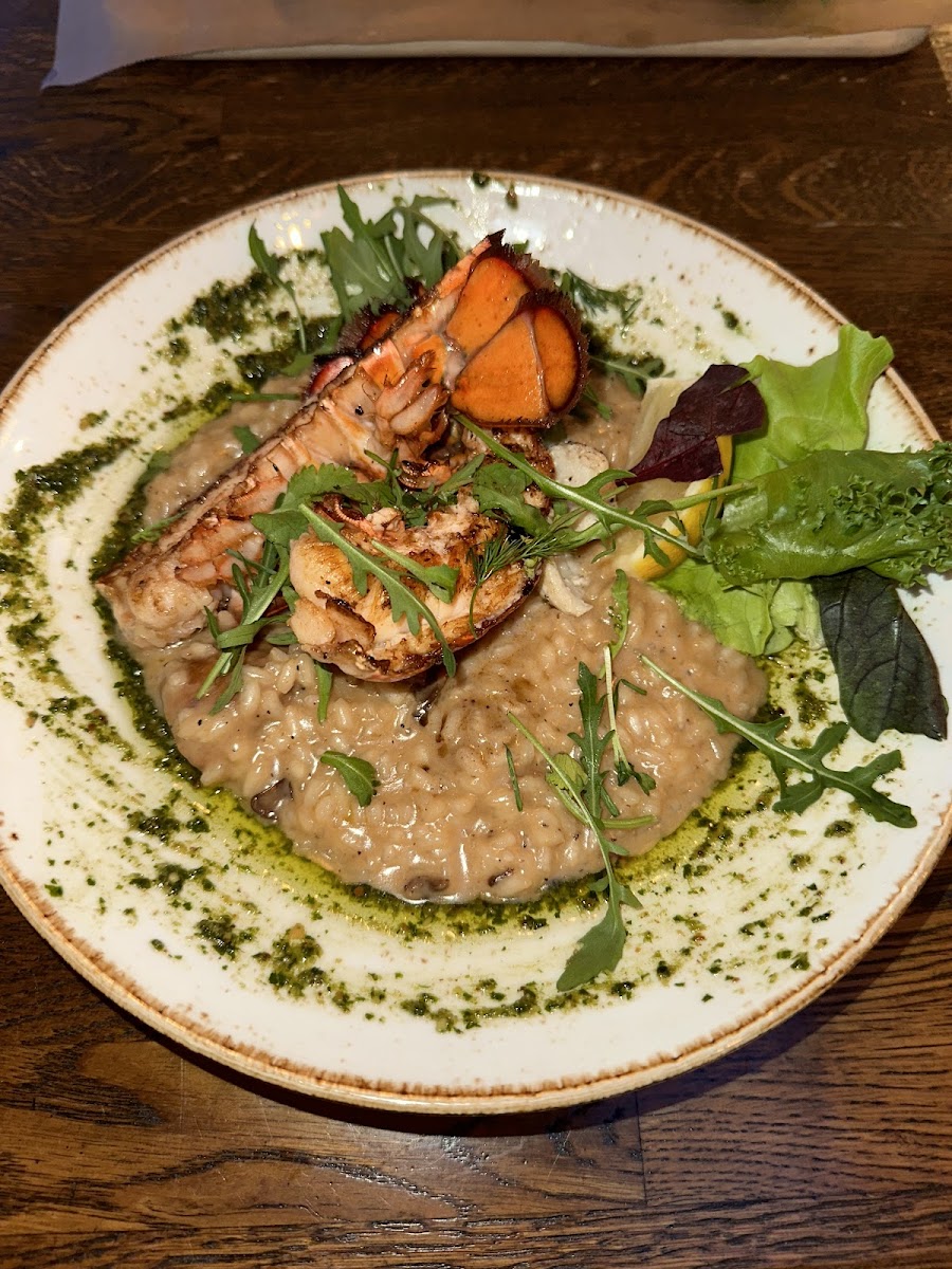 Lobster with parsley butter with mushrooms risotto, pesto, parmesan