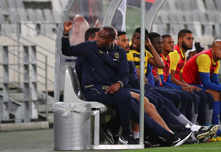 Cape Town City FC head coach Benni McCarthy reacts alongside his bench during the Absa Premiership match against Lamontville Golden Arrows at Cape Town Stadium, Cape Town on 4 April 2018.