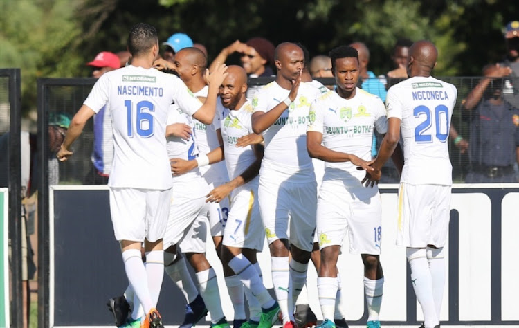 Sundowns celebrate the opening goal during the Nedbank Cup Semi Final between Maritzburg United and Mamelodi Sundowns at Harry Gwala Stadium on April 22, 2018 in Durban, South Africa.