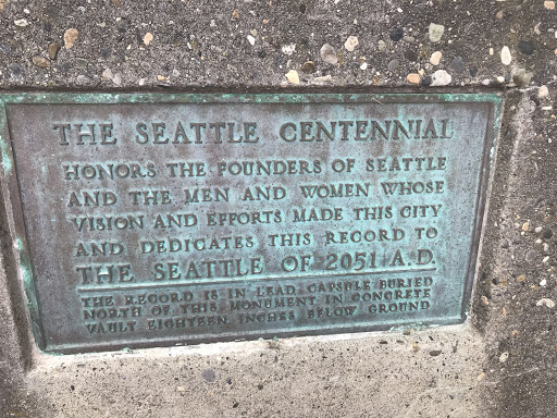 THE SEATTLE CENTENNIAL HONORS THE FOUNDERS OF SEATTLE AND THE MEN AND WOMEN WHOSE VISION AND EFFORTS MADE THIS CITY AND DEDICATES THIS RECORD TO THE SEATTLE OF 2051 A.D. THE RECORD IS IN LEAD...