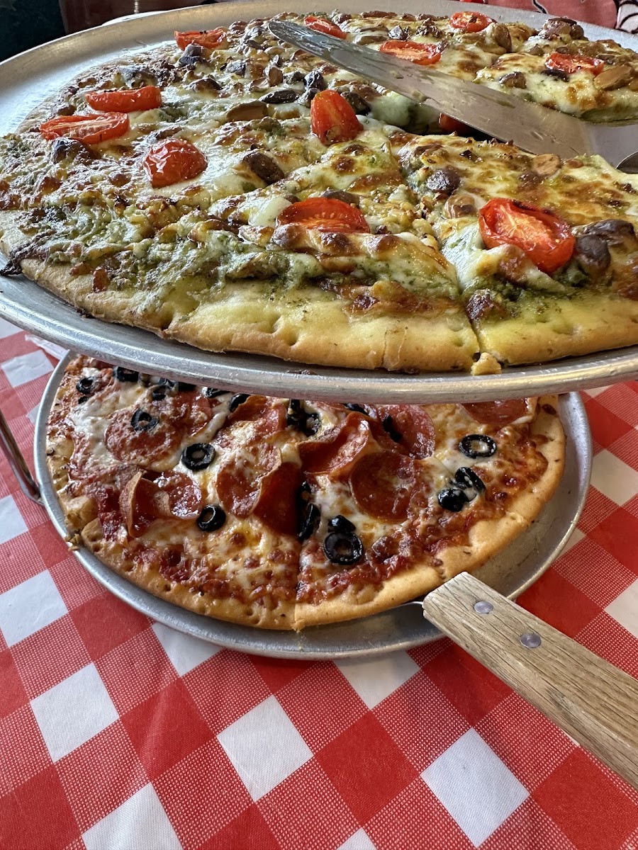 GF Pesto and GF Build your own with pepperoni and black olives
