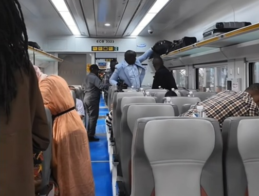 Passengers board the Tanzania electric train for the test drive from Dar es Salaam to Dodoma on April 22, 2024.