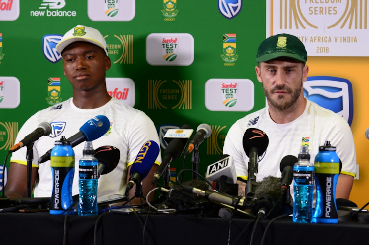 Lungi Ngidi and Faf du Plessis of the Proteas during day 5 of the 2nd Sunfoil Test match between South Africa and India at SuperSport Park on January 17, 2018 in Pretoria, South Africa.