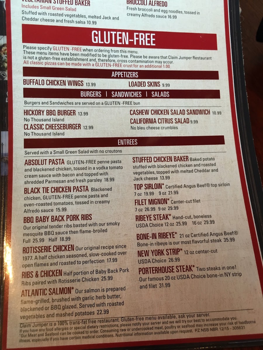 Claim Jumper gluten-free menu