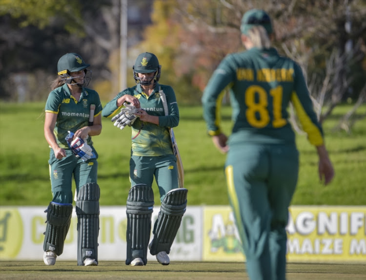 Laura Wolvaardt and Marizanne Kapp of South Africa after the winning runs during the 5th Womens ODI match between South Africa and Bangladesh at Mangaung Oval on May 14, 2018 in Bloemfontein, South Africa.