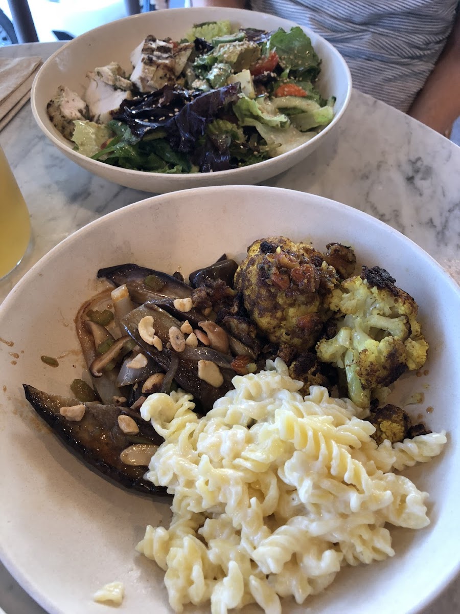 3 sides: GLUTEN-FREE Mac&cheese, spicy Japanese eggplant with basil and cashews, Indian spiced cauliflower with turmeric, date & almonds. All 3 are GF!