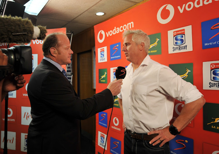 Under-fire Stormers head coach Robbie Fleck chats to presenter Robbie Kempson before the Super Rugby game against the Bulls at Newlands Rugby Stadium, Cape Town on May 5 2018.