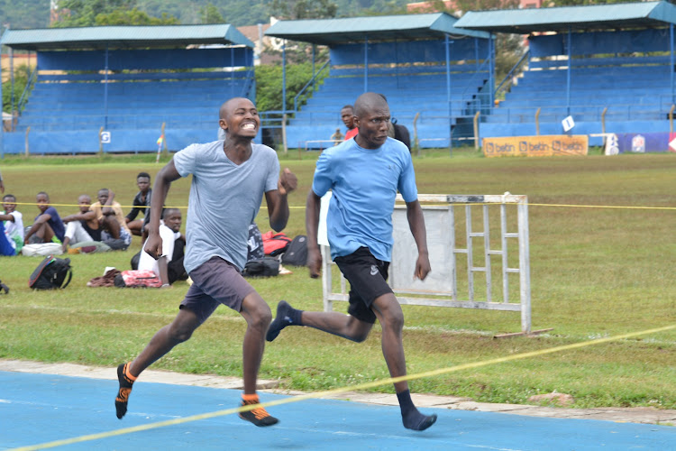 Rectuits compete in a race for selection during the recruitment exercise for Kenya Wildlife Service rangers and assistant wardens on April 15, 2024.