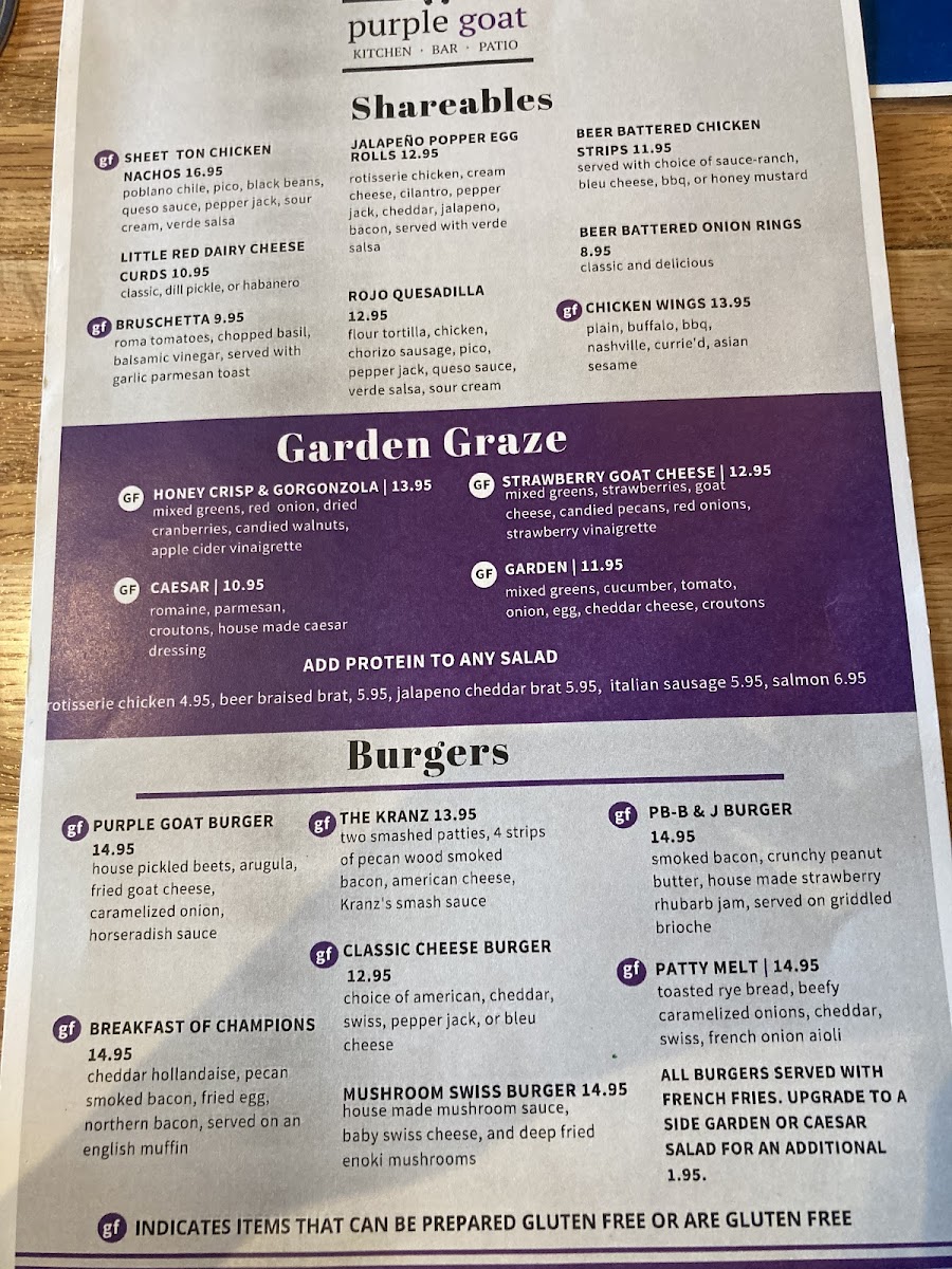 Purple Goat gluten-free menu