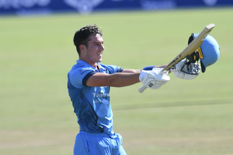 Titans batter Dewald Brevis celebrates his 100 during the CSA T20 Challenge match against Knights at JB Marks Oval on October 31 2022.