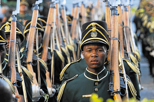 The presidential guard march before President Jacob Zuma's State of Nation address last night Picture: SHELLEY CHRISTIANS