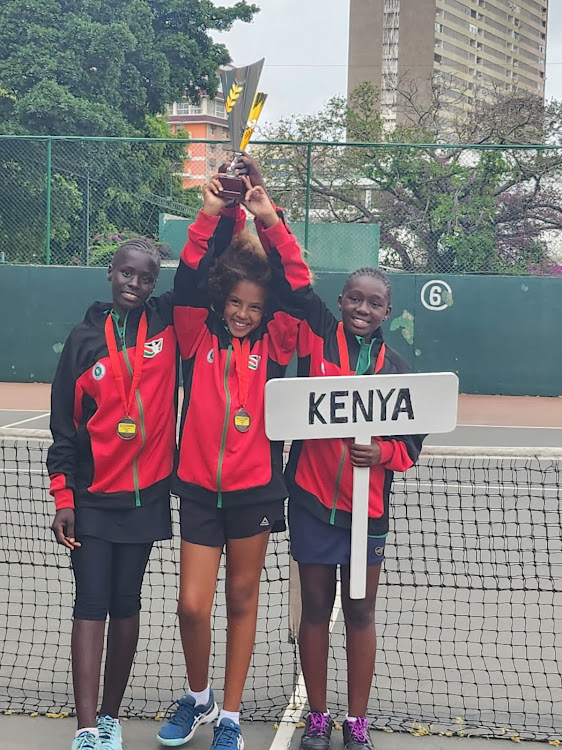 Seline Ahoya, Nancy Kawira and Liya Gikunda with the bronze trophy at the Africa Under-12 Championships