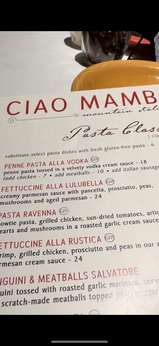Ciao Mambo gluten-free menu
