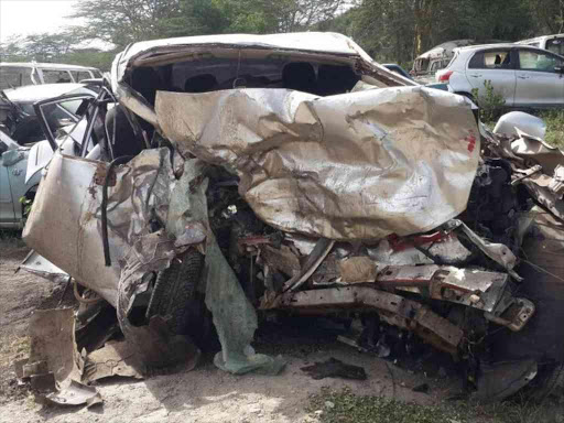 The wreckage of the car in which Machakos county staff members were travelling before an accident on Nairobi-Mombasa road, June 13, 2017. /ANDREW MBUV