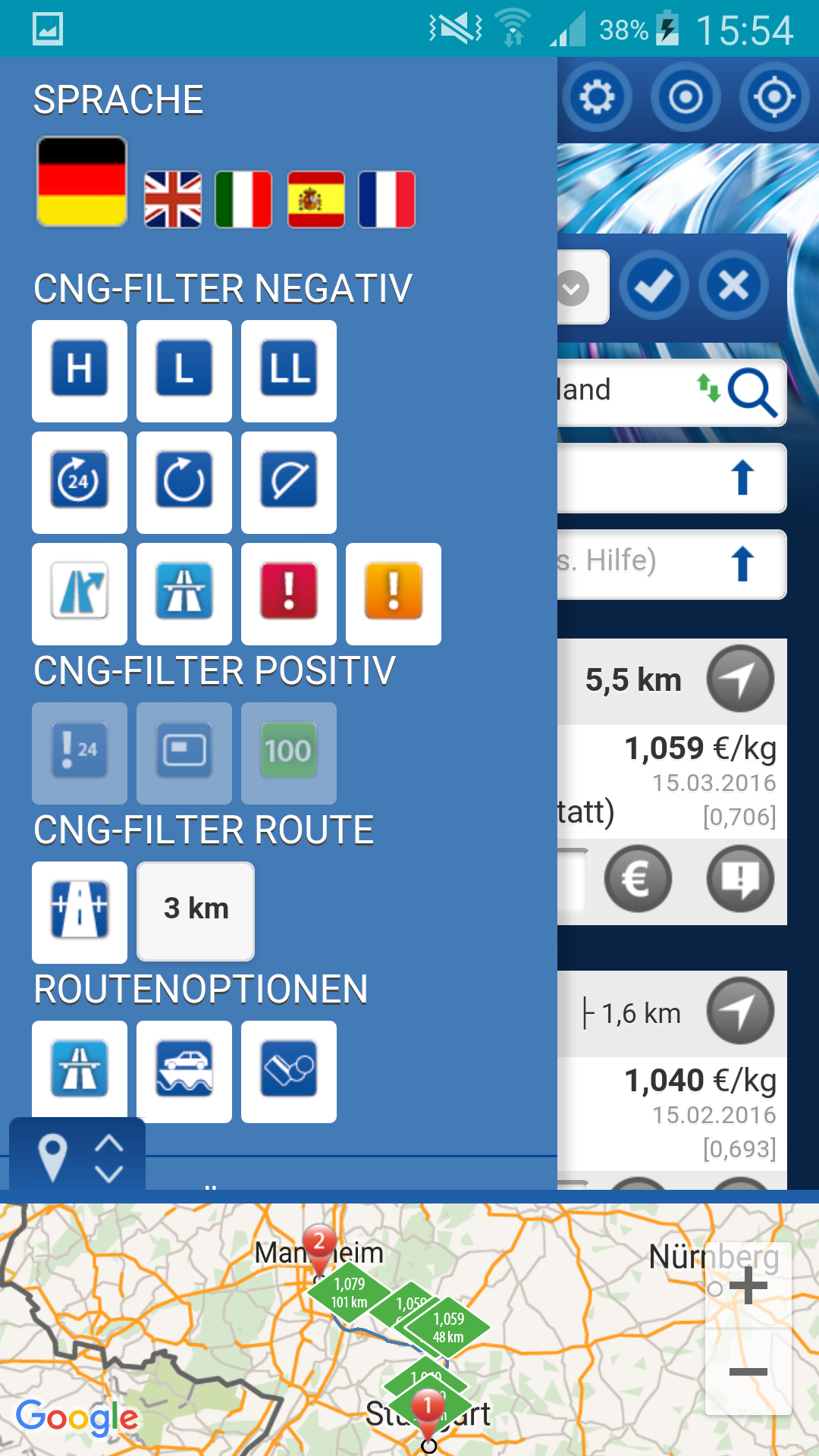 Android application gibgas CNG Europe screenshort