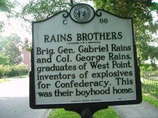 Brig. Gen. Gabriel Rains and Col. George Rains, graduates of West Point, inventors of explosives for Confederacy. This was their boyhood home.Plaque via North Carolina Highway Historical Marker...