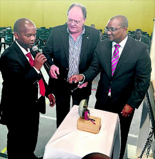 Sanabo president Andile Mofu, Deputy Sports Minister Gert Oosthuizen and Sports Department director-general Alec Moemi during the launch of the Open Boxing League in Tsakane on Saturday. / Supplied