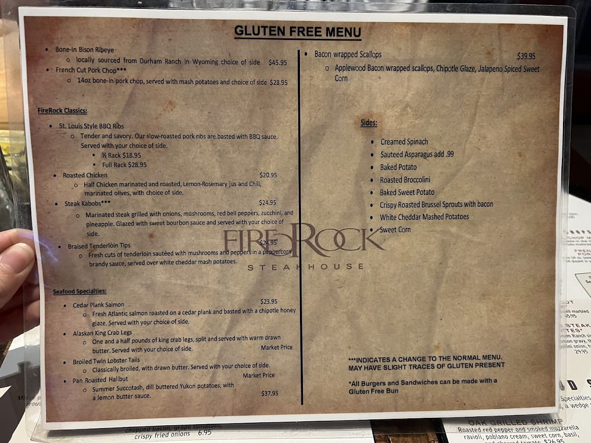 FireRock Steakhouse gluten-free menu