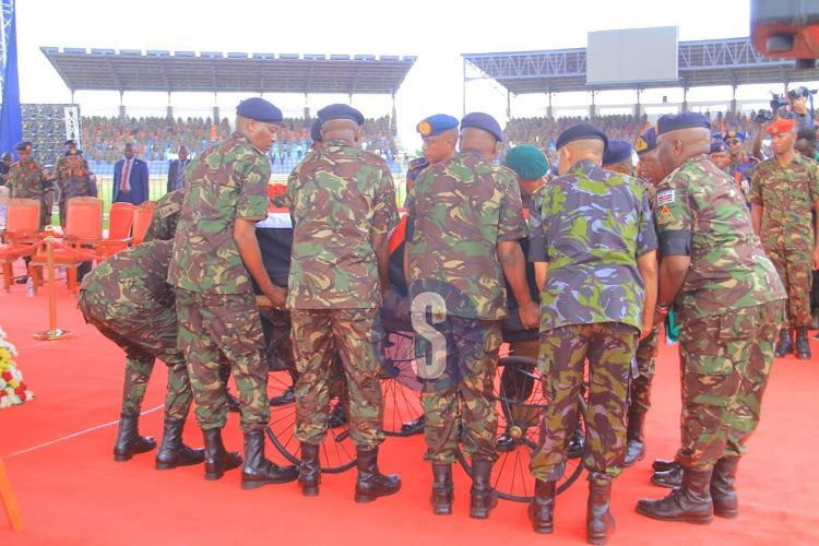 KDF Soldiers honoring the late CDF General Francis Ogolla during a service at Ulinzi Sports Complex, Lang'ata, on April 20, 2024