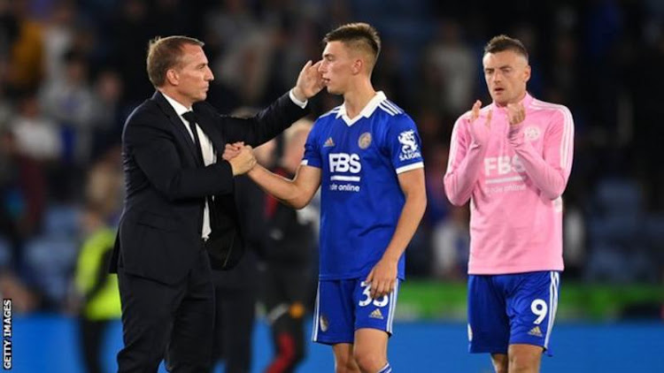 Leicester City manager Brendan Rodgers with defender Luke Thomas and Jamie Vardy