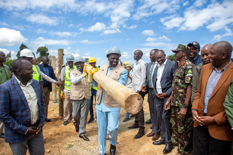 President William Ruto and Deputy President Rigathi Gachagua carry an electricity post when he commissioned Lariak Forest Wildlife Electric Fence, Laikipia County on April 12, 2023.
