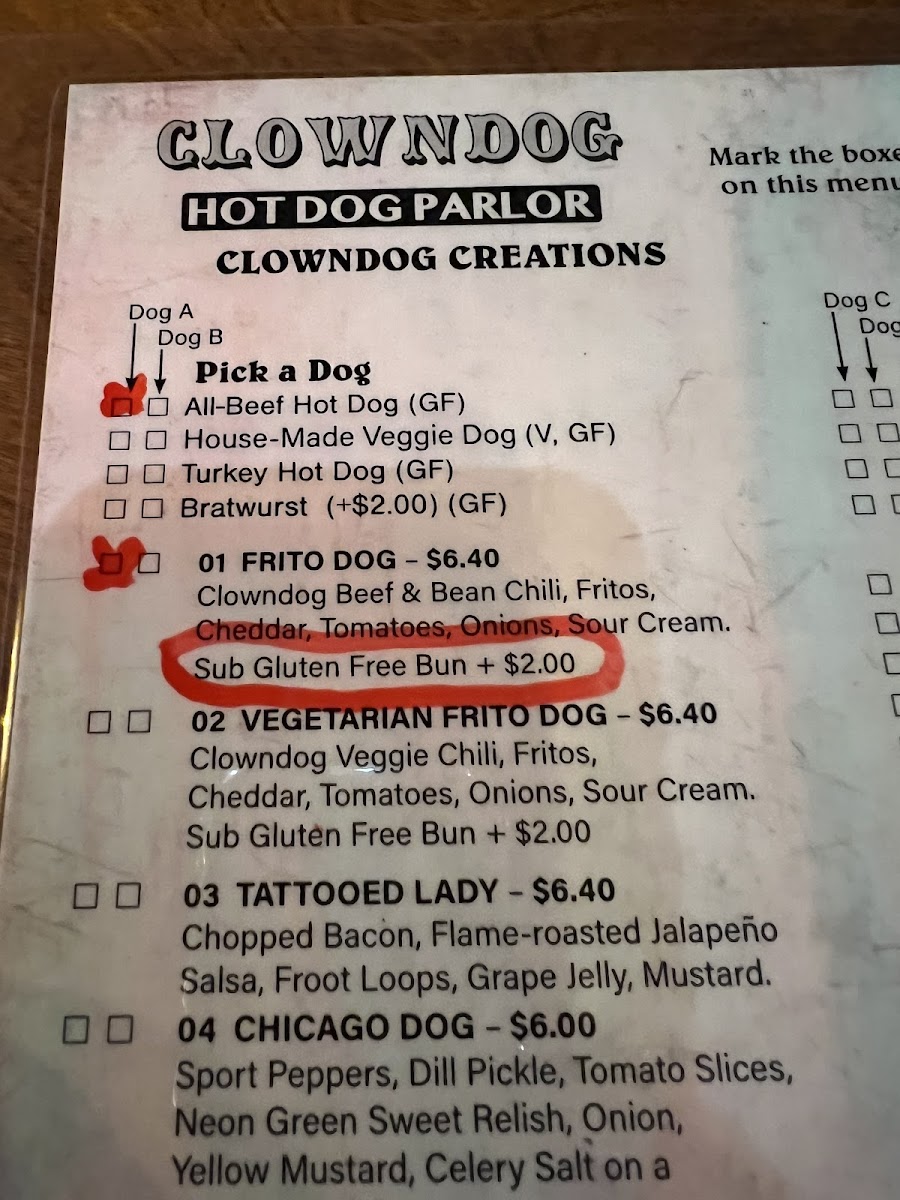 Clowndog Hot Dog Parlor gluten-free menu