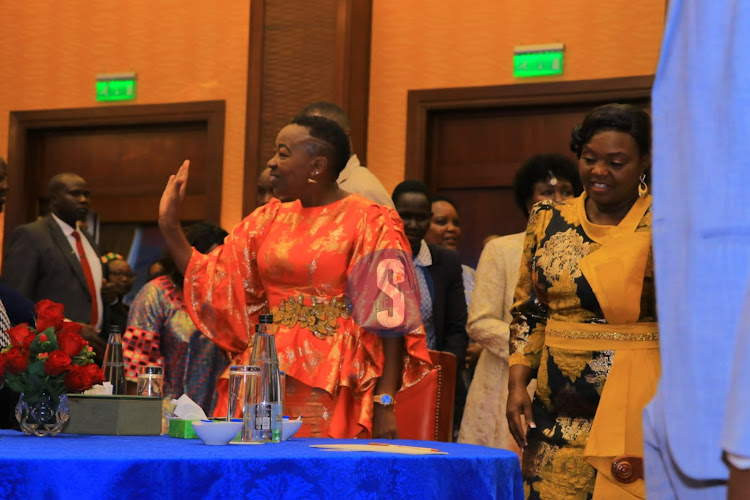 First Lady Rachel Ruto and Second Lady Pastor Dorcas Rigathi during the launch of Professional Association Of Nyanza (PANY) Women strategic plan at Serena Hotel, Nairobi on April 12, 2024.