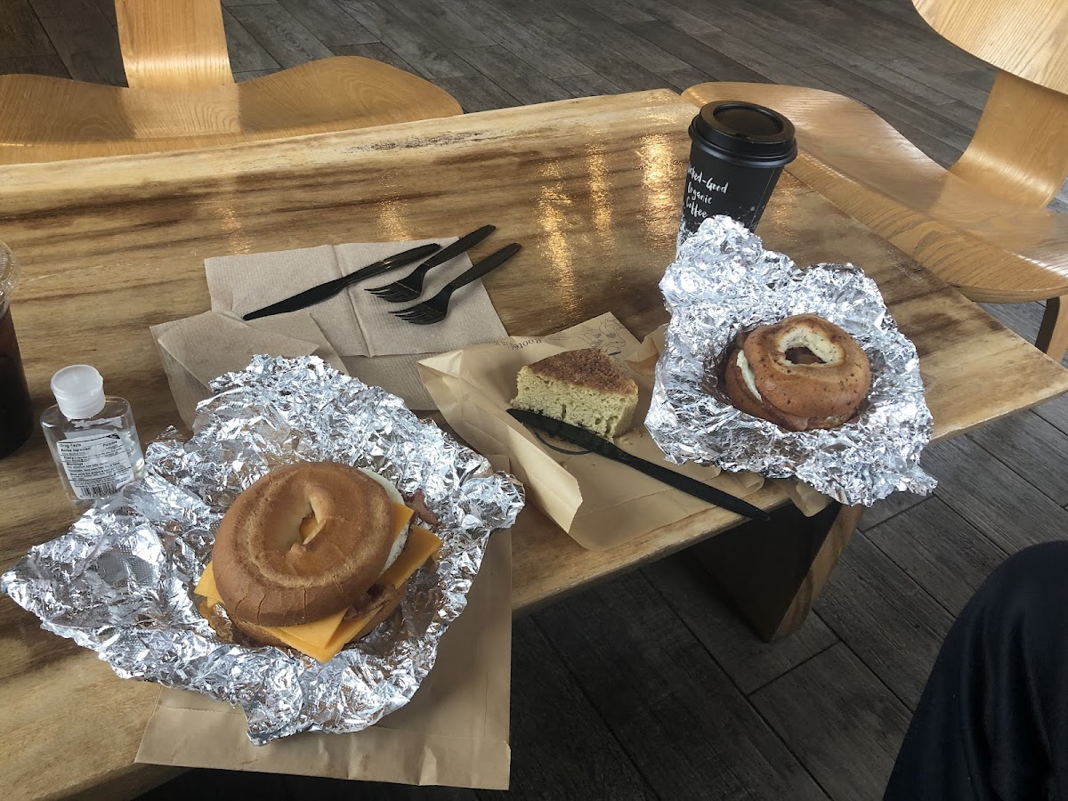 Gluten free breakfast sandwiches and cinnamon coffee cake.