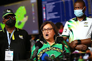ANC deputy secretary-general Jessie Duarte is flanked by ANC head of elections, Fikile Mbalula, and treasurer Paul Mashatile, as she addresses the media at the IEC results centre.