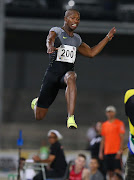Luvo Manyonga flies through the air in the men's long jump during the Athletics SA Speed Series 2 at Free State Athletics Stadium on March 08, 2017 in Bloemfontein, South Africa.