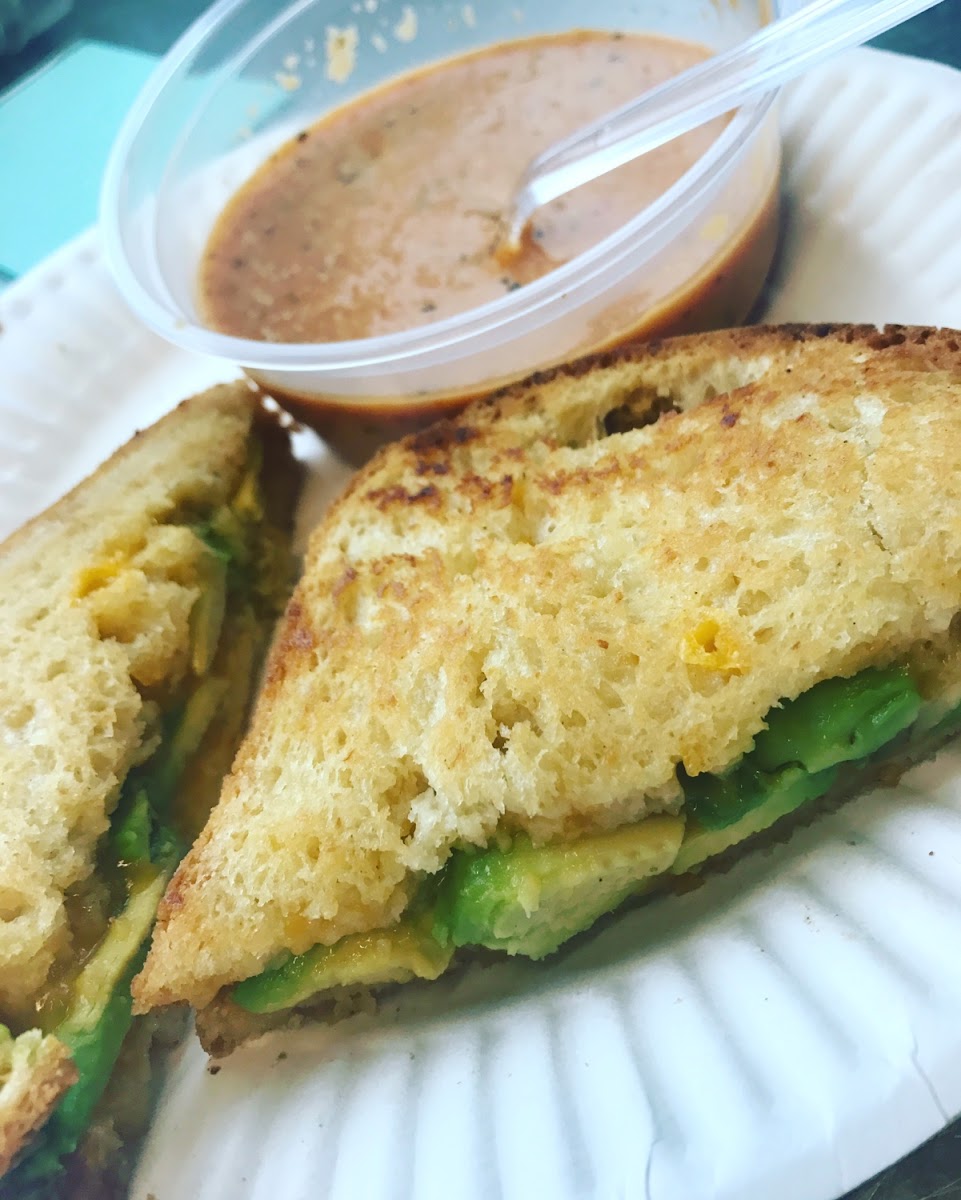 Avocado grilled cheese and tomato soup